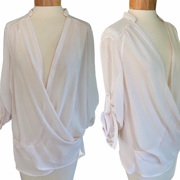 lovestitch Tops - Lovestitch Open Wrap Front Blouse Sheer Cream Lace